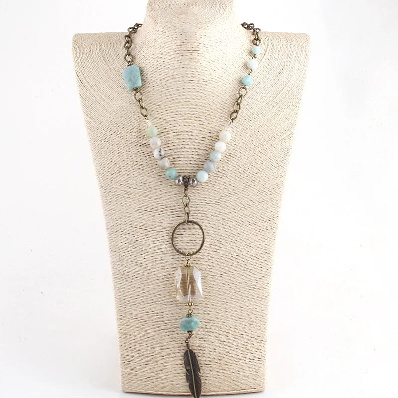 Bohemian Natural Stone/Crystal Leaf Drop Pendant Necklace
