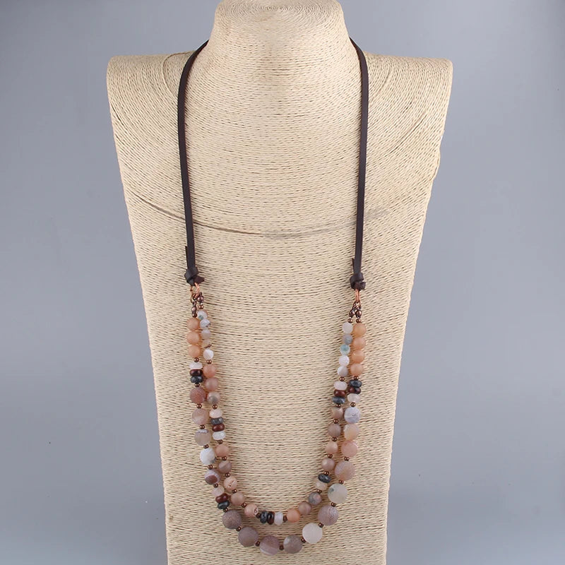 Bohemian Natural Stones Leather Necklace for Women
