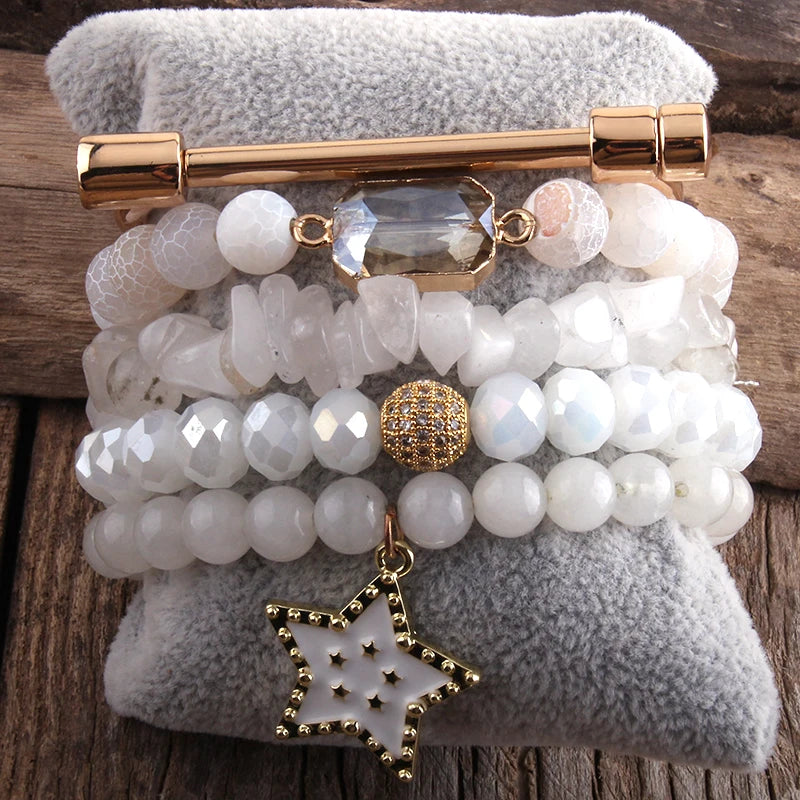 Boho Beaded Bracelet 5pc Bangle Sets Natural Stone Crystal Women Gift