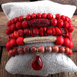 Boho Beaded Bracelet 5pc Bangle Sets Natural Stone Crystal Women Gift