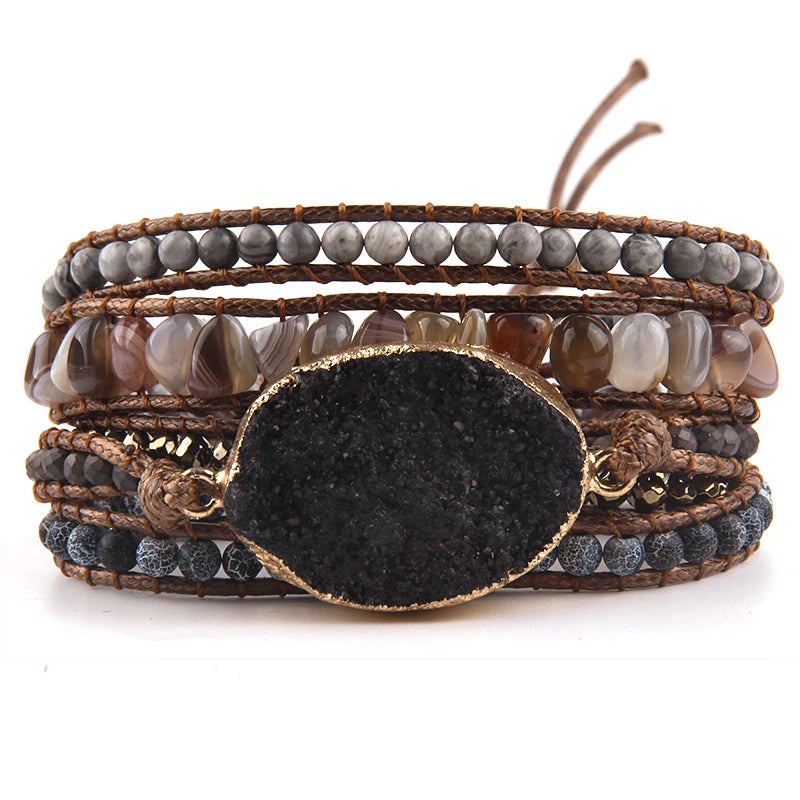 Boho Jewelry Bracelet Natural Stones Druzy Charm Hand Wrap Bracelets