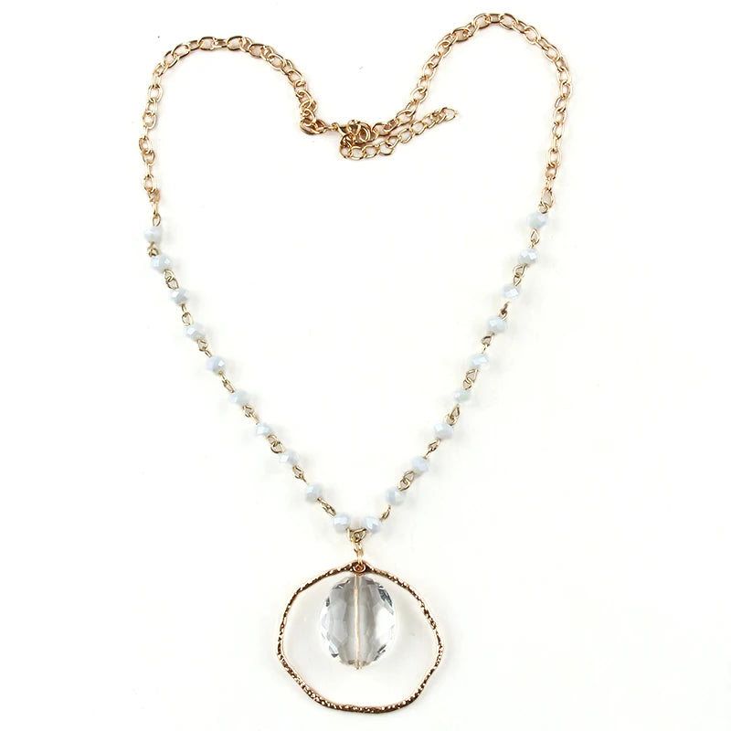 Boho Glass Crystal Rosary Link Pendant Choker Necklace