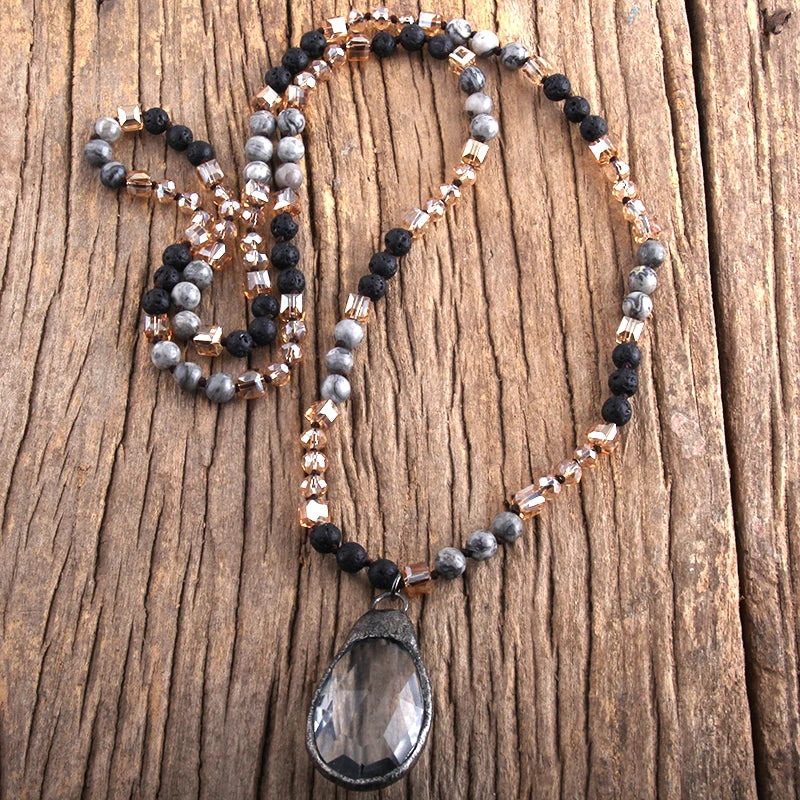Boho Jewelry Natural Stones & Crystal Glass Pendant Necklaces
