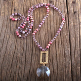 Boho Jewelry Natural Stones Glass Mattgold Crystal Pendant Necklace
