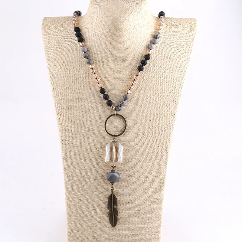 Bohemian Glass Stone Necklace with Leaf Pendant for Women