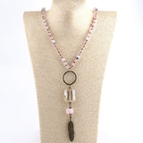 Bohemian Glass Stone Necklace with Leaf Pendant for Women