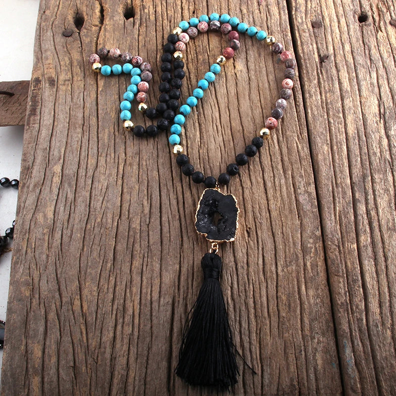Bohemian Druzy Stone Tassel Necklace - Women's Boho Jewelry