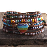 Vegan Boho Bracelet Mixed Stones Heart Charm 5 Strands Wrap