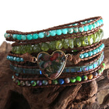 Vegan Boho Bracelet Mixed Stones Heart Charm 5 Strands Wrap