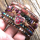 Vegan Boho Bracelet Mixed Stones Heart Charm 5 Strands Wrap
