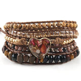 Vegan Boho Bracelet Mixed Stones Heart Charm 5 Strands Wrap