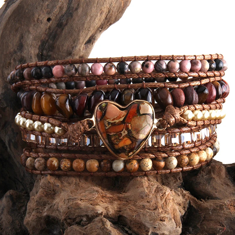 Vegan Boho Bracelet Mixed Stones Heart Charm 5 Strands Wrap