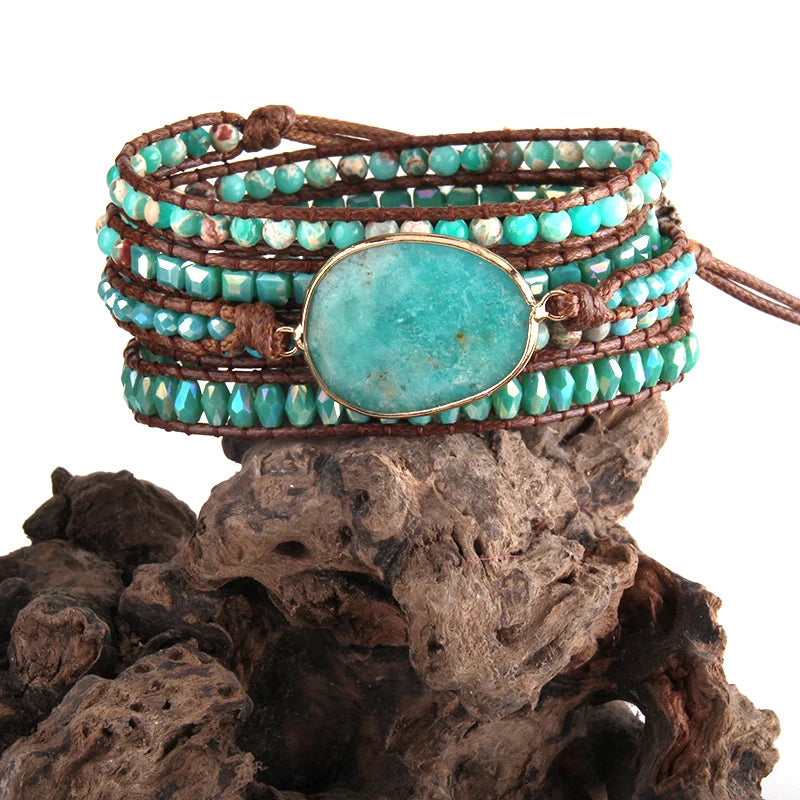Boho Armbander Glass & Amazonite Charm Wrap Bracelets