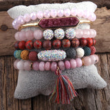 Boho Bangle Bracelets Set 6pc Stack Bracelet Set Natural Stone Crystal Beads