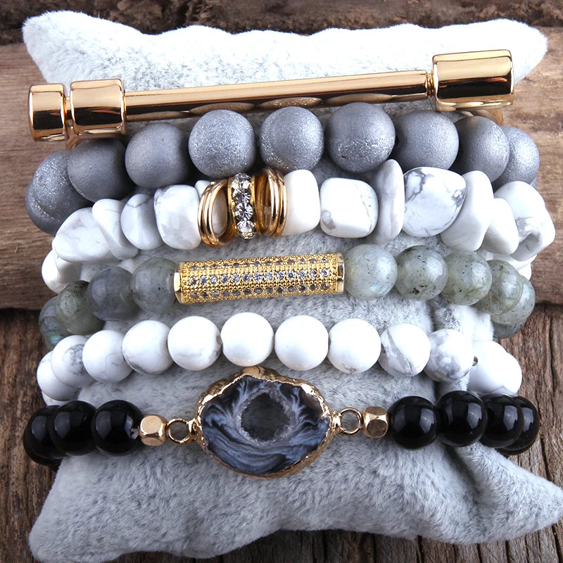 Boho Bangle Bracelets Set 6pc Stack Bracelet Set Natural Stone Crystal Beads
