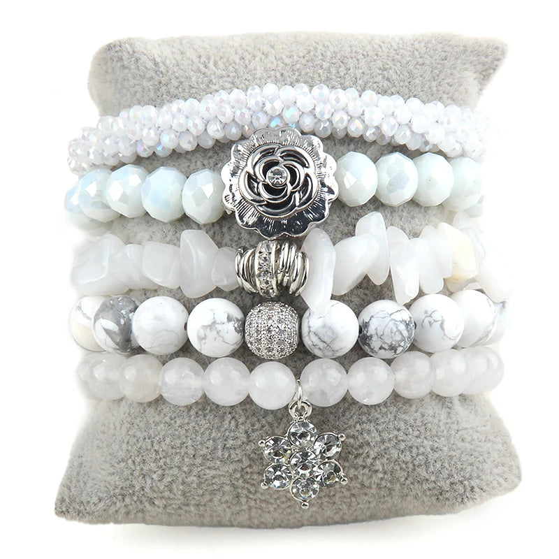 Boho Beaded 5pc Glass/Stone Stack Bracelet Set