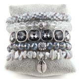 Boho Beaded 5pc Gray/White Stone & Glass Stack Bracelet Sets - Bohemian Jewelry