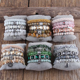 Boho Beaded 5pc Gray/White Stone & Glass Stack Bracelet Sets - Bohemian Jewelry