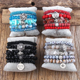 Boho Beaded Set 5pc Red/Blue Glass/Stone Stack Bracelet Sets For Women