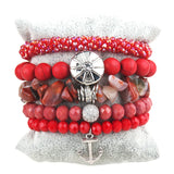 Boho Beaded Set 5pc Red/Blue Glass/Stone Stack Bracelet Sets For Women