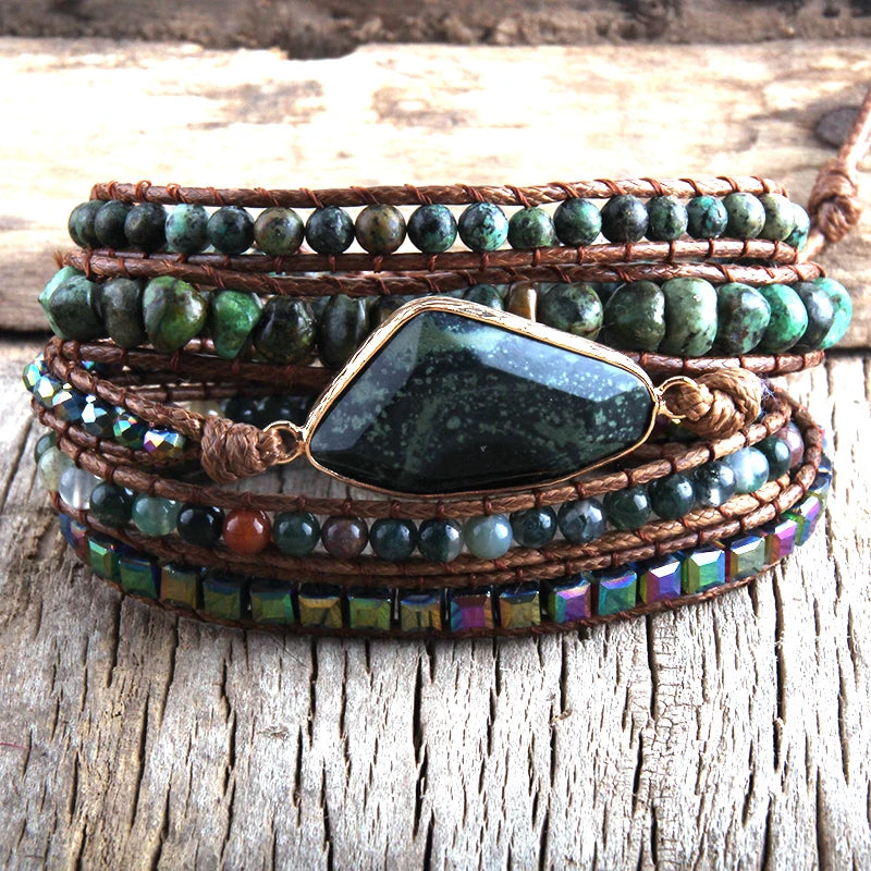 RH Boho Bracelet African Turquoise Charm Stones 5 Strand Wrap