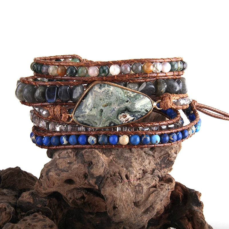 Boho Bracelet Triangle Natural Stones 5 Strand Wrap Bracelets
