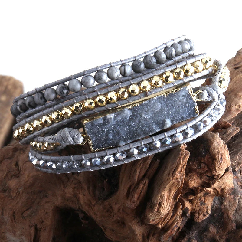 Boho Wrap Bracelet Mixed Stones & Druzy Charm 4 Strands Women Gift
