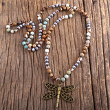 6mm Natural Stones Glass Dragonfly Pendant Necklace Boho Beads Women Gift