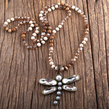 6mm Natural Stones Glass Dragonfly Pendant Necklace Boho Beads Women Gift