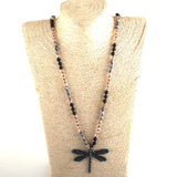 6mm Natural Stones Glass Dragonfly Pendant Necklace Boho Beads Women Gift