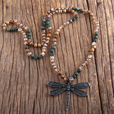 6mm Natural Stones Glass Dragonfly Pendant Necklace Boho Beads Women Gift