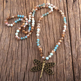 6mm Natural Stones Glass Dragonfly Pendant Necklace Boho Beads Women Gift