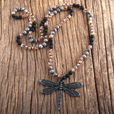 6mm Natural Stones Glass Dragonfly Pendant Necklace Boho Beads Women Gift