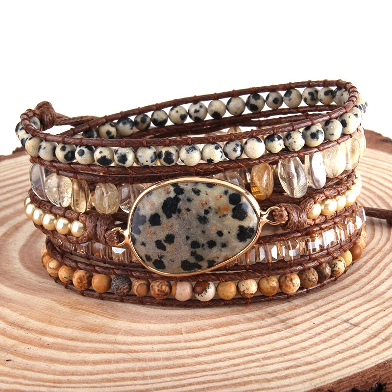 Boho Dalmatian Jasper Charm Wrap Bracelets