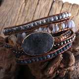 Boho Beaded Bracelet with Druzy Stone Charm, 5 Strands Wrap