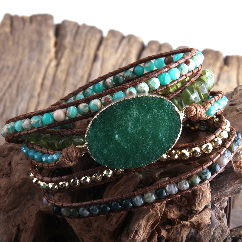 Boho Beaded Bracelet with Druzy Stone Charm, 5 Strands Wrap