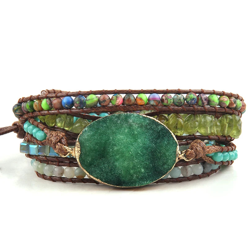 Boho Beaded Bracelet with Druzy Stone Charm Wrap