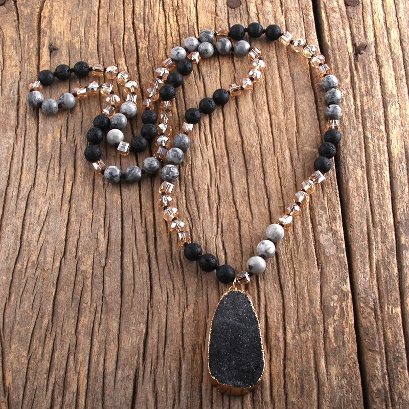 Boho Jewelry Natural Stones and Crystal Druzy Drop Pendant Necklaces