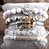 Boho Pink Stone Bracelet & Heart Cuff Bangle 5pc Set