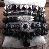 Boho Pink Stone Bracelet & Heart Cuff Bangle 5pc Set