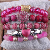 Boho Pink Stone Bracelet & Heart Cuff Bangle 5pc Set