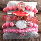 Boho Pink Stone Bracelet & Heart Cuff Bangle 5pc Set