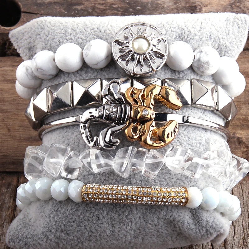 Boho Pink Stone Bracelet & Heart Cuff Bangle 5pc Set