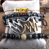 Boho Pink Stone Bracelet & Heart Cuff Bangle 5pc Set