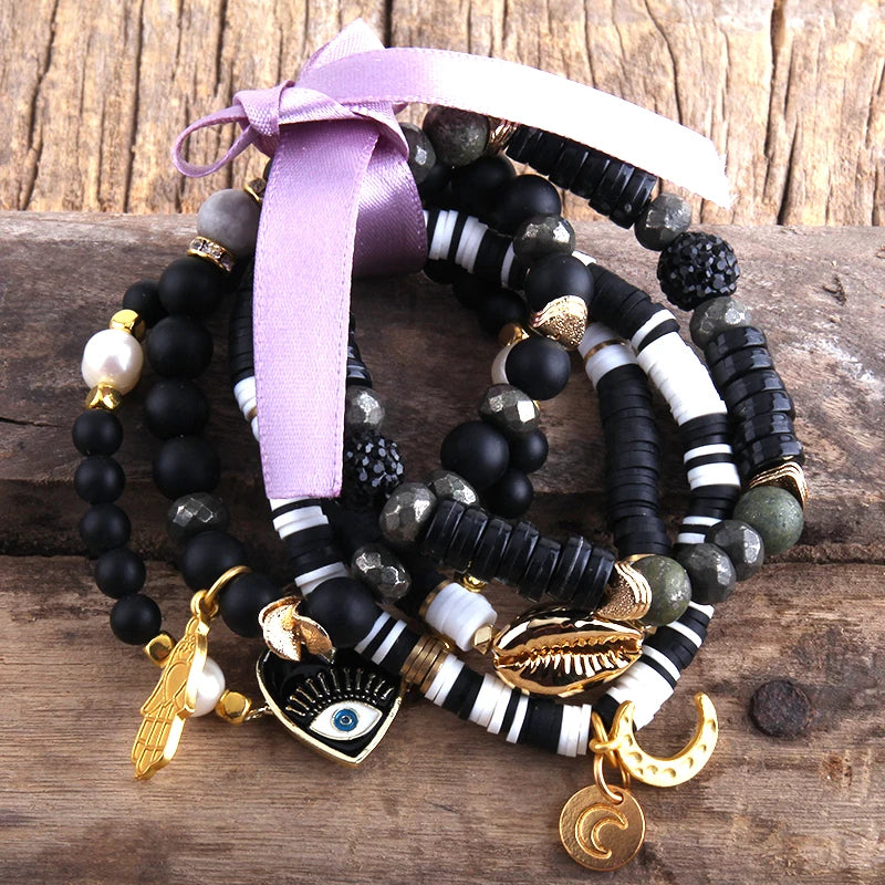 Boho Semi Precious Stone Bracelet 5pc Set for Women