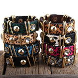 Boho Leather Armband Gold Metal Rectangle Leopard Horsetail Bracelet