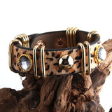 Boho Leather Armband Gold Metal Rectangle Leopard Horsetail Bracelet