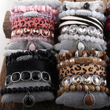 Boho Leopard Leather Bracelet Set 5pc Stone/Glass Female Bracelets