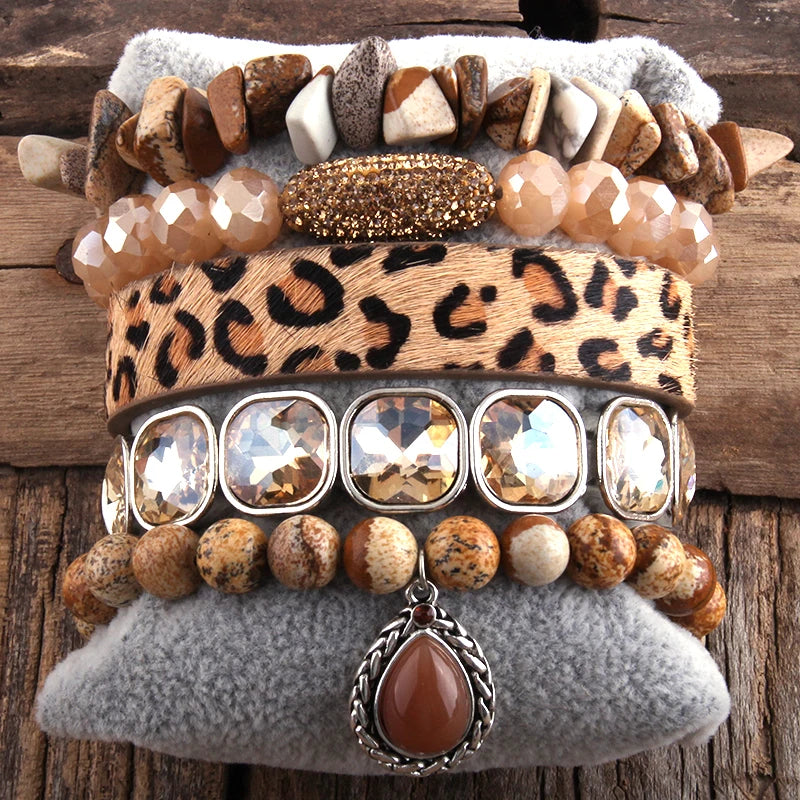 Boho Leopard Leather Bracelet Set 5pc Stone/Glass Female Bracelets