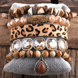 Boho Leopard Leather Bracelet Set 5pc Stone/Glass Female Bracelets